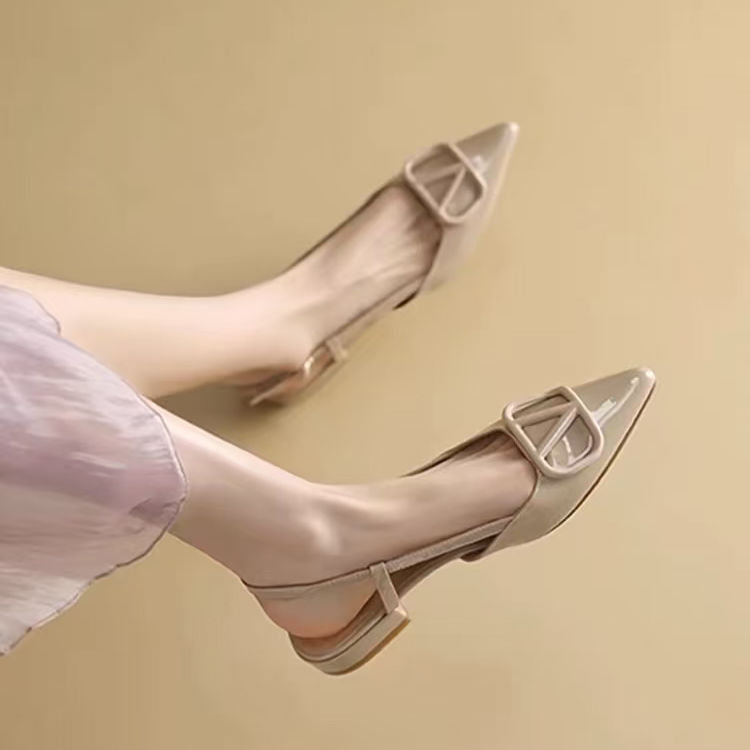 Chunky heel open-back sandals 2025 spring/summer french style single shoes patent leather with skirt nude low-cut closed-toe ankle strap high heels trendy