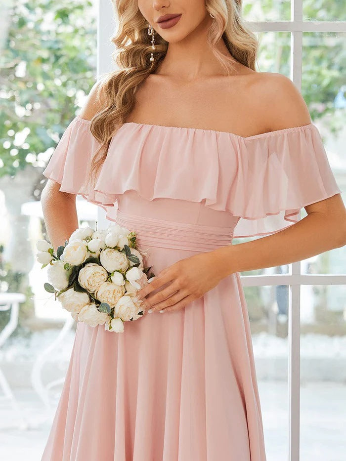 new cross-border summer fashion: european and american style  one-shoulder chiffon ruffle hem asymmetrical solid color dress