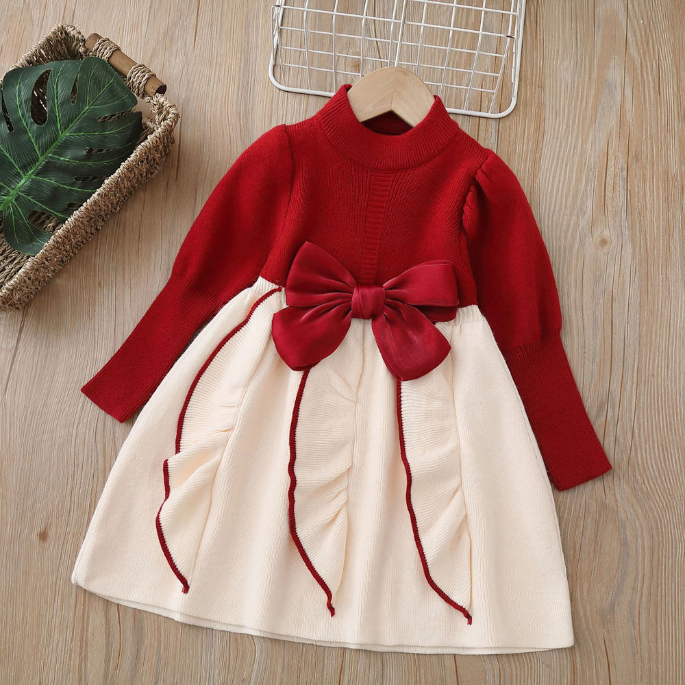 new year's & christmas girls' sweater dress - children's knitted sweater dress with bow detail, sweet & chic style