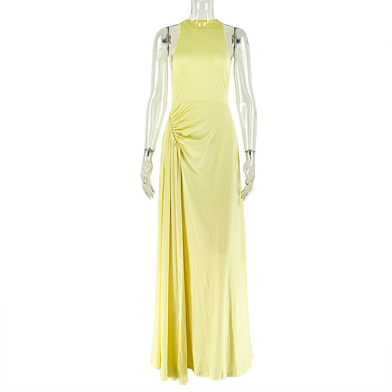 European and american style cross-border new solid color women's bodycon pleated design sleeveless maxi dress with round neck
