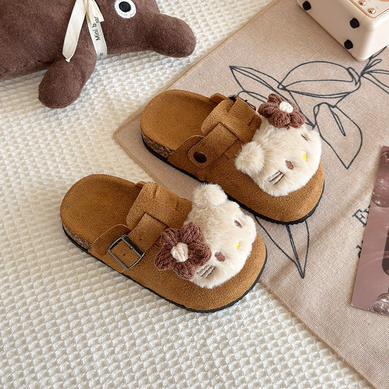 Kids female retro cat birkenstock slippers outwear2025 spring autum cartoon cute plaid girl baotou new arrival