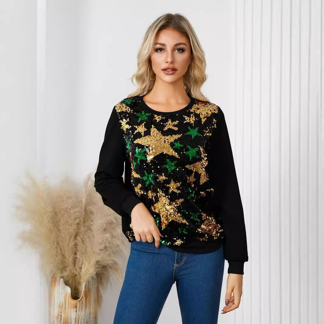 10526 European and American  women's long-sleeved top, five-pointed star pattern sequin fine flash Christmas party temperament sweater