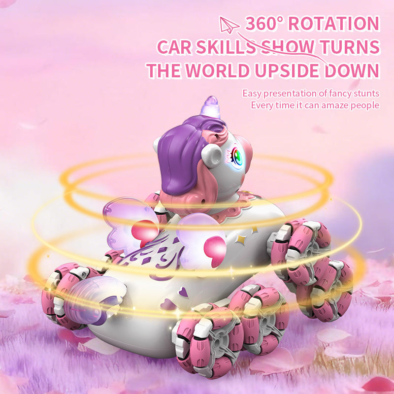 Amazon 2.4g unicorn remote control car - eight-wheel stunt, lights & music, 360° rotation, cute pink toy car