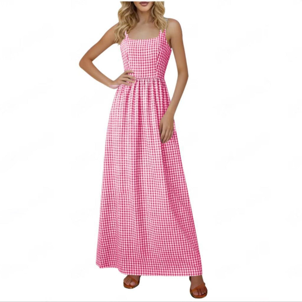cross-border summer women's plaid square neck a-line casual beach vacation long sundress