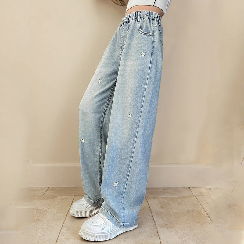 Girls' summer lightweight pants  new style: wide-leg pants for older girls, slim-fit straight-leg tencel jeans for middle school students