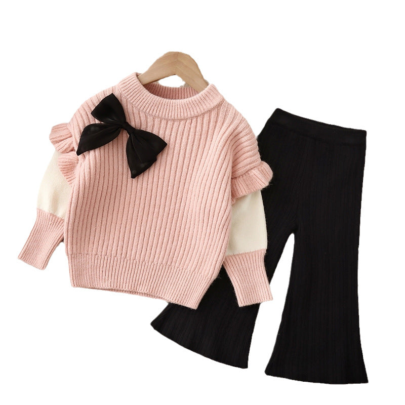 Kids' knitted sweater two-piece set: round neck outfit, new autumn/winter  collection, girls' base layer top and jacket set