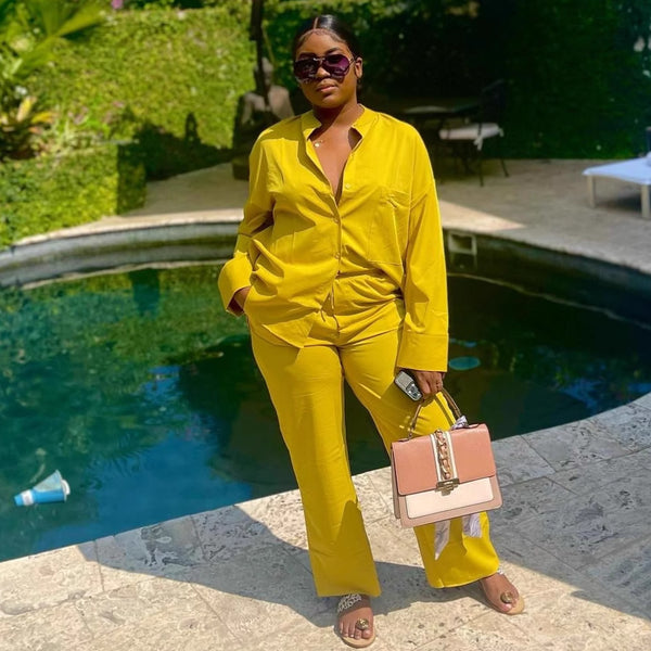 European and American large-size women's clothing solid color loose fashion lapel long-sleeved shirt African new casual trousers two-piece set women