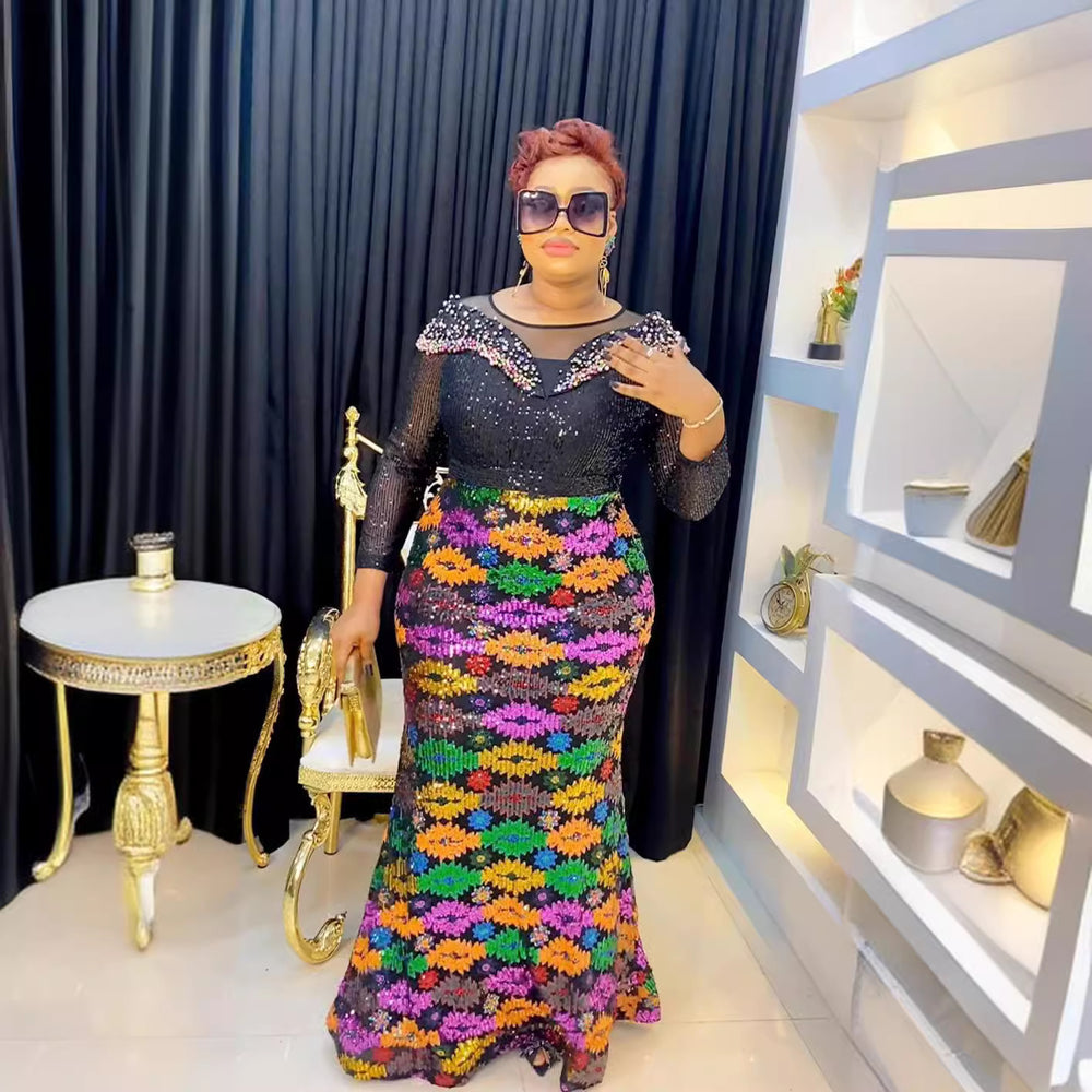 Special offer: new fashion african-inspired long sleeve sequin evening gown - women's slim fit mermaid dress (non-cross border supply)