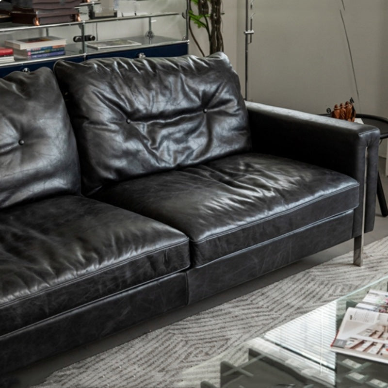 Retro style oil wax genuine leather bauhaus sofa casual designer straight row down medieval style small apartment leather sofa