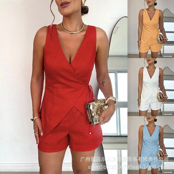 ODF4347 Women's Fashion Solid Color V-Neck Chest Wrap Strap Casual Set 2-piece Set