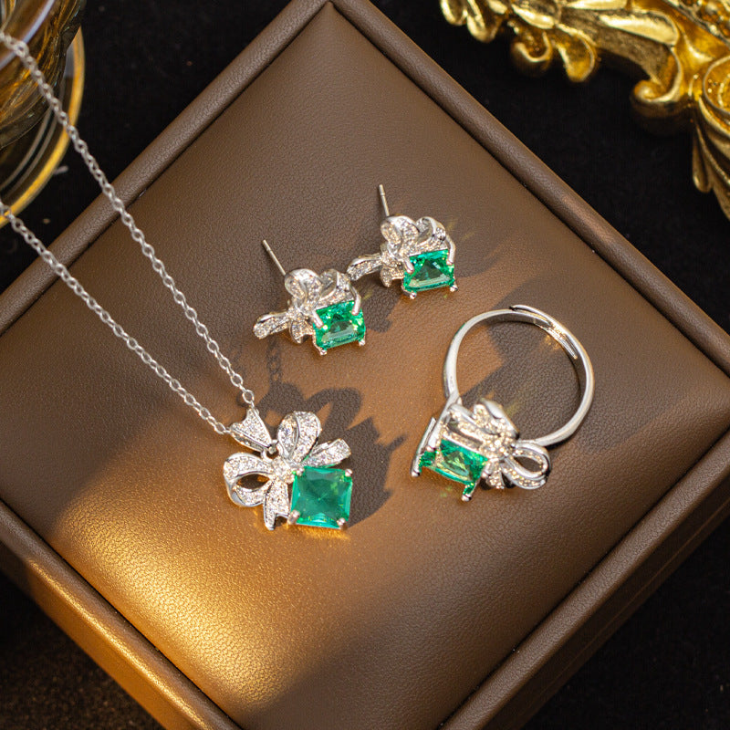 European and american full diamond bow necklace women's light luxury minimalist three-piece set new high-end pendant earrings ring jewelry