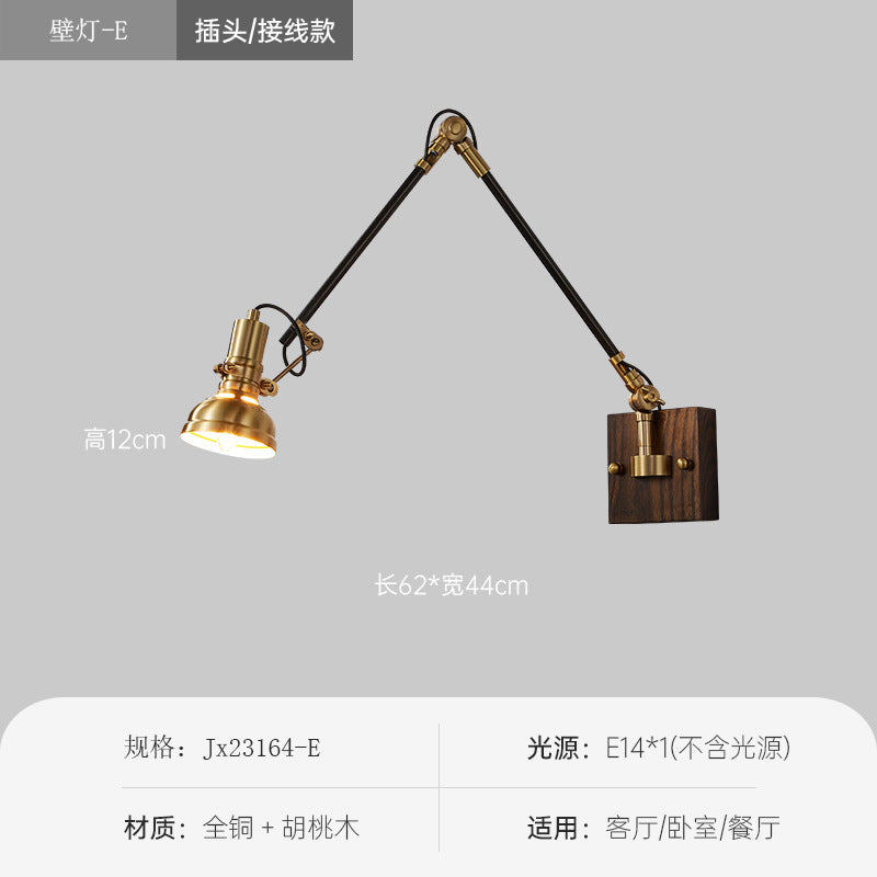 Japanese wabi-sabi style universal telescopic swing arm wall lamp - ceramic lampshade, vintage all-copper wall sconce