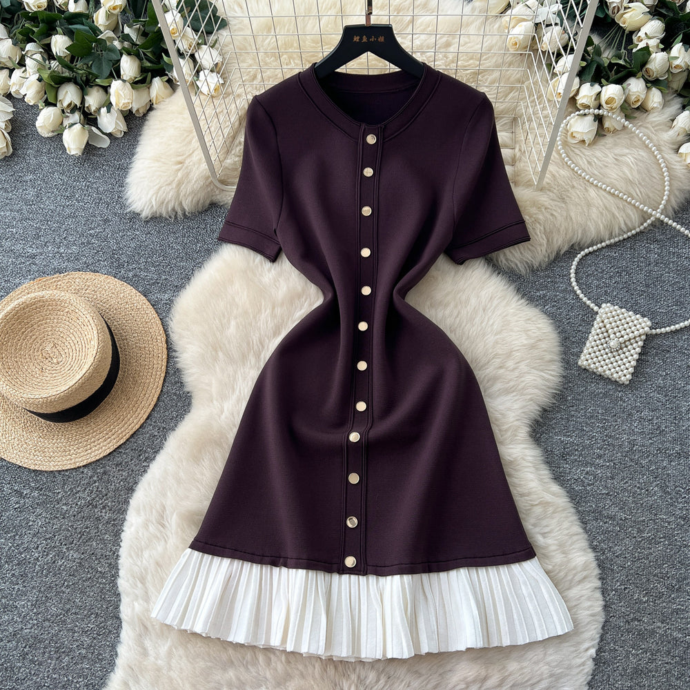 Xiaoxiangfeng knittingdress women's  summer fashion metal button short sleeve pleated patchwork classy work clothing skirt