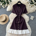 Xiaoxiangfeng knittingdress women's  summer fashion metal button short sleeve pleated patchwork classy work clothing skirt