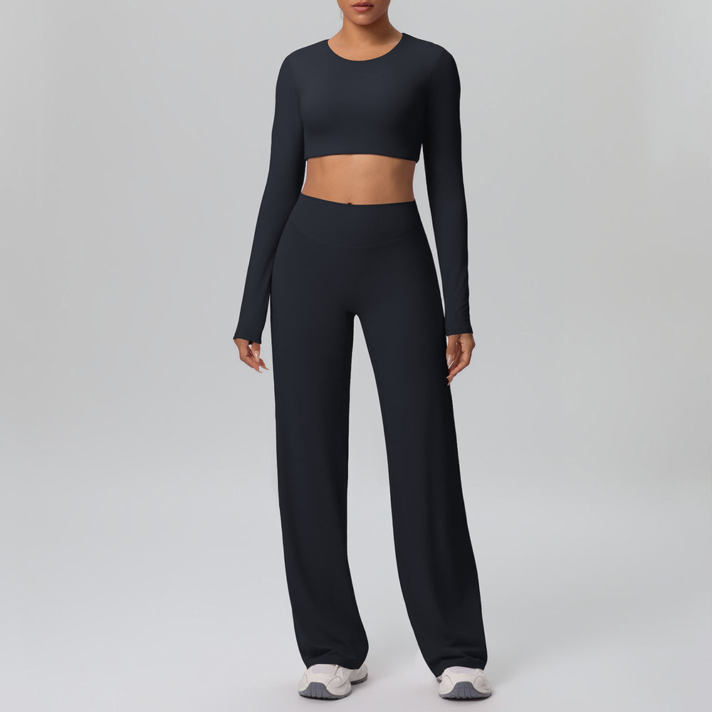 High-waisted, straight-leg, wide-leg, quick-drying yoga set with built-in bra pads, featuring a cropped, long-sleeved design. perfect for outdoor running and fitness activities for women