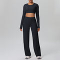 High-waisted, straight-leg, wide-leg, quick-drying yoga set with built-in bra pads, featuring a cropped, long-sleeved design. perfect for outdoor running and fitness activities for women