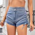 Fashion cross-border new arrival  independent station washed high waist pleated drawstring hot girl slimming look denim shorts hot pants
