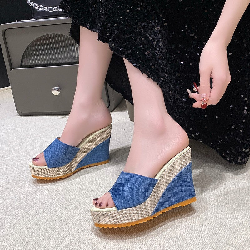 Fashionexport wedge heel one-shaped fish mouth high heel slippers women's platform shoes thick soleplus size open toe cloth sandals wish