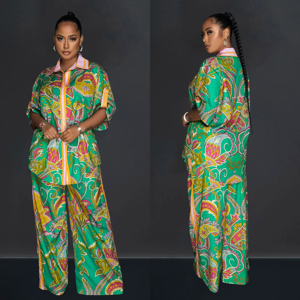 C6618 cross-border   fashion women's french print shirt & shorts two-piece set