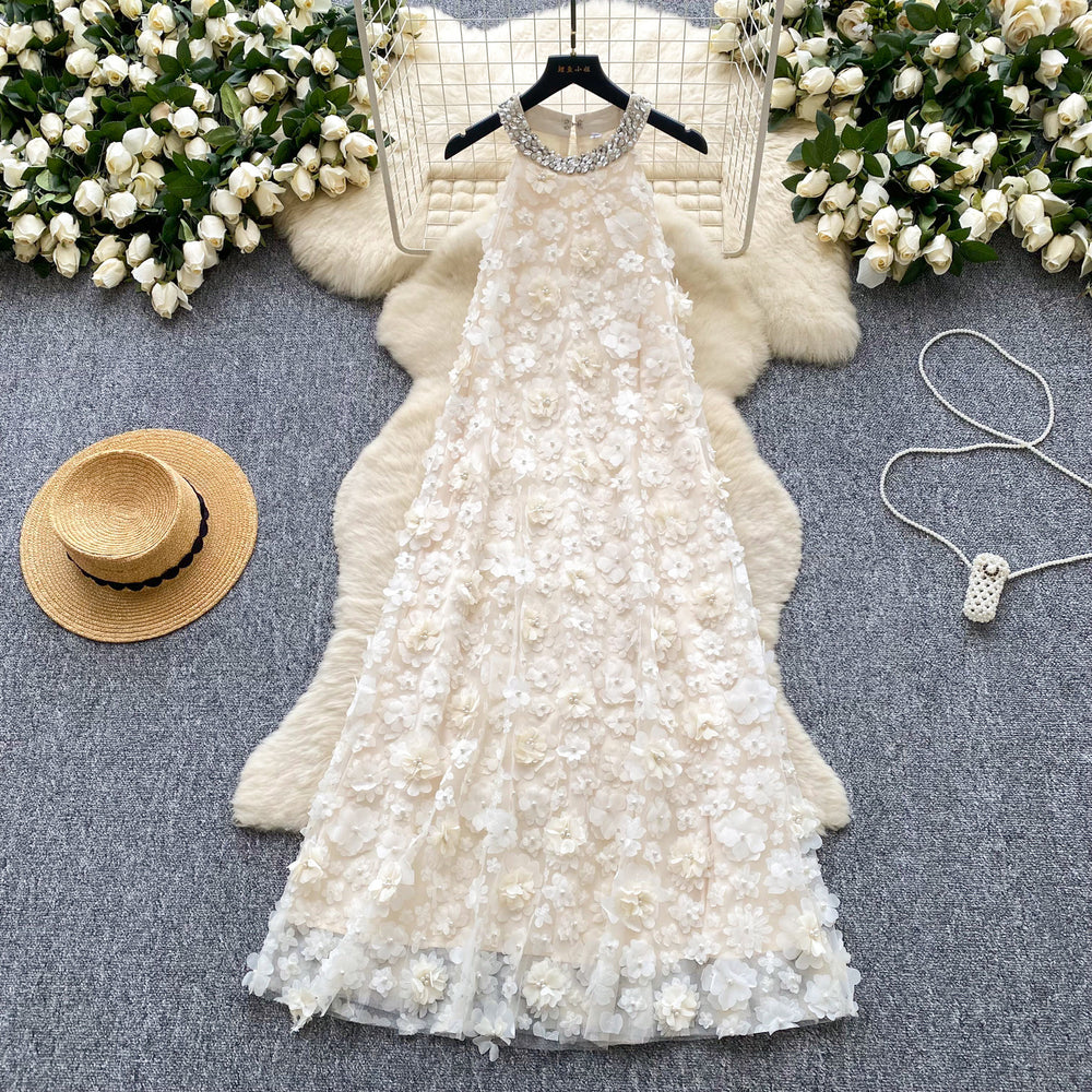 French chic luxury beaded halter sleeveless 3d floral mesh dress - women's loose fit long evening gown