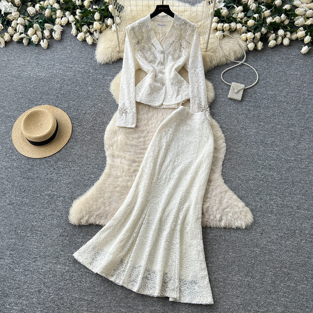 French chic embroidered beaded v-neck lace two-piece set - women's autumn slim-fit high-end beaded elegant outfit