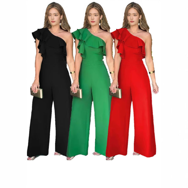 YZ1381 women's jumpsuit,  , sloping shoulder collar, ruffle edge, spring and summer jumpsuit.