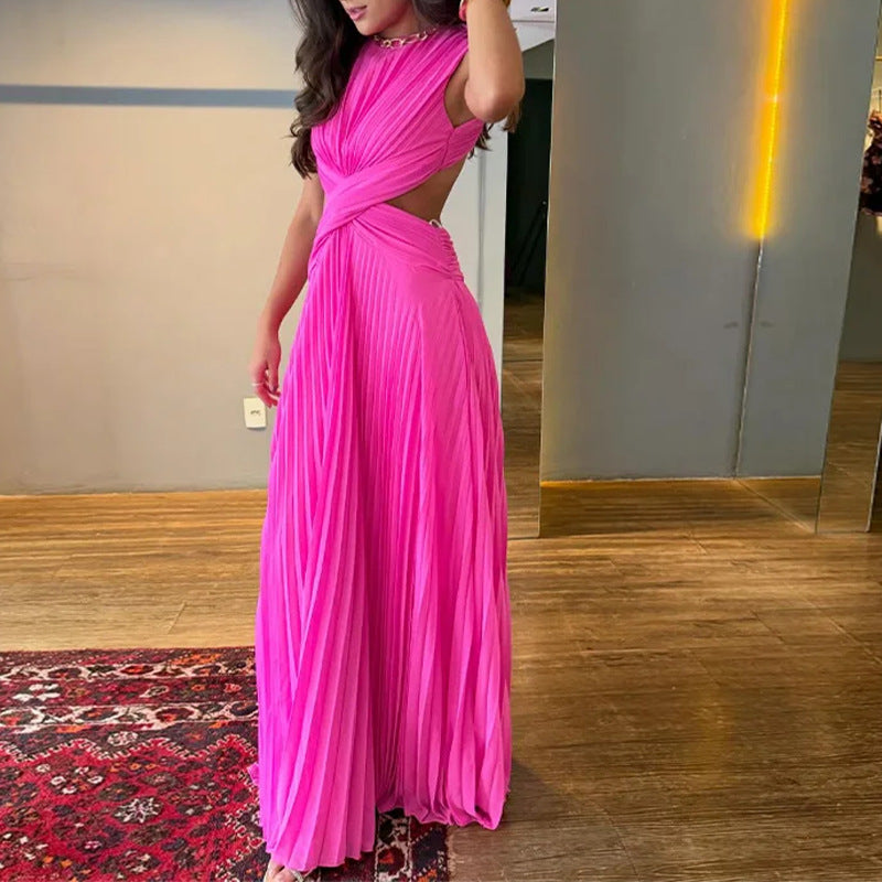 cross-border european & american women's fashion: sexy & chic solid color crew neck sleeveless criss-cross ruched backless bodycon dress