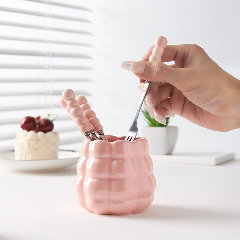 Influencer-approved creamy fruit fork set: electroplated, luxe storage jar, high-value coffee table decor, fruit picks