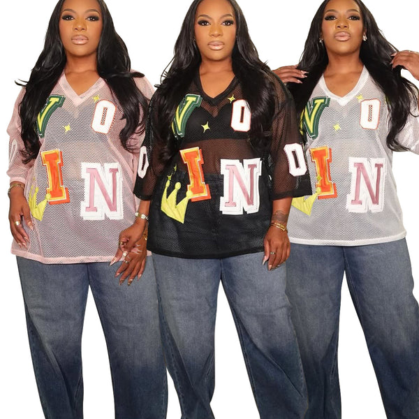 CY901722 European, American and   new models, sexy V-neck mesh yarn perspective printing letters loose T-sleeves