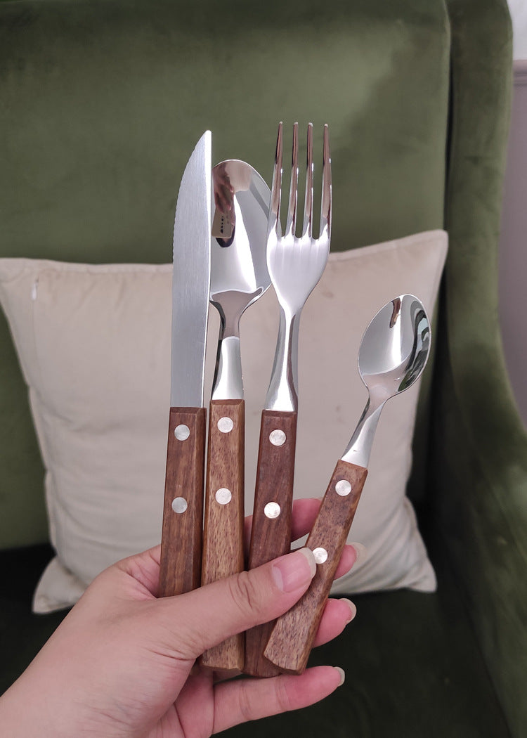 Factory direct sales scandinavianins style 304 stainless steel huanghuali wooden handle knife, fork, spoon, tea spoon, western food tableware suit