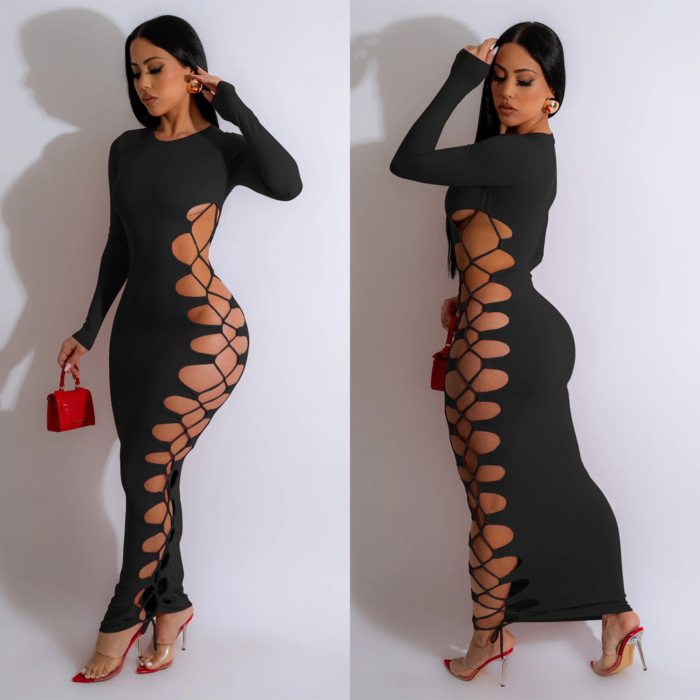 C6793 cross-border   fashion women's solid color round neck sexy tie-up maxi dress