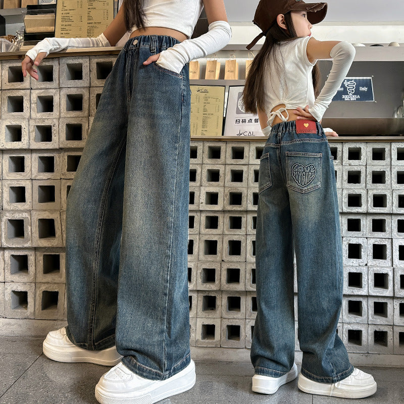 Girls' pants - spring/autumn  new arrival: trendy retro-style loose-fit jeans for mid-to-large children, wide-leg design