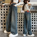 Girls' pants - spring/autumn  new arrival: trendy retro-style loose-fit jeans for mid-to-large children, wide-leg design