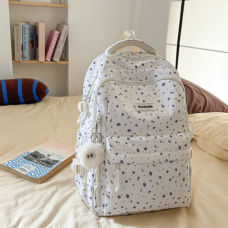 Rustic style backpack for female college students - minimalist polka dot floral cute girl's backpack - large capacity women's school bag