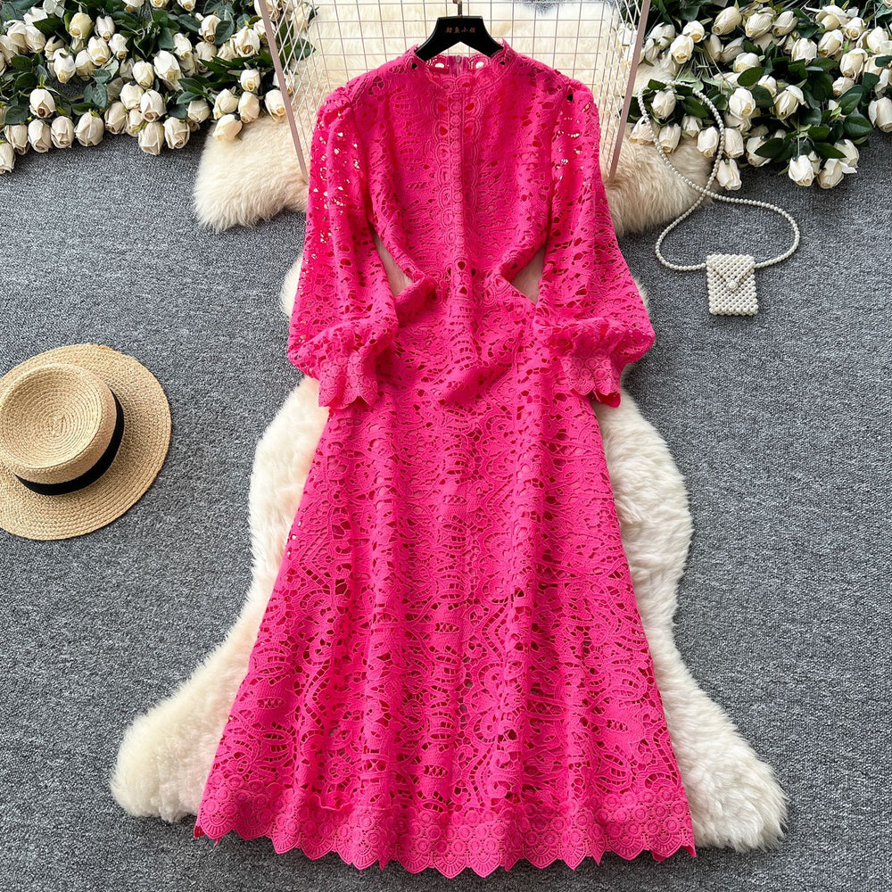Classyelegancelacedressnew arrivalcut out crochet waist lantern sleeve long sleeves waist dress