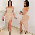 X5046 cross-border   european and american evening dress hot diamond mesh wrapped chest irregular women's dress
