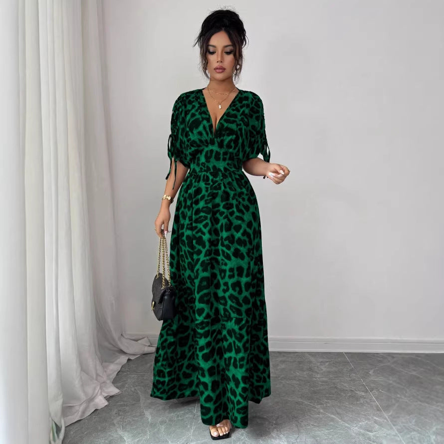 cross-border fashion summer printed v-neck fitted midi dress