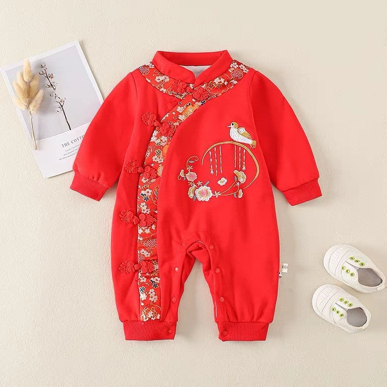 Baby spring autum baby girl long sleeves partial magpie double-layered khaki full moon tang suit style embroider one-piece clothes