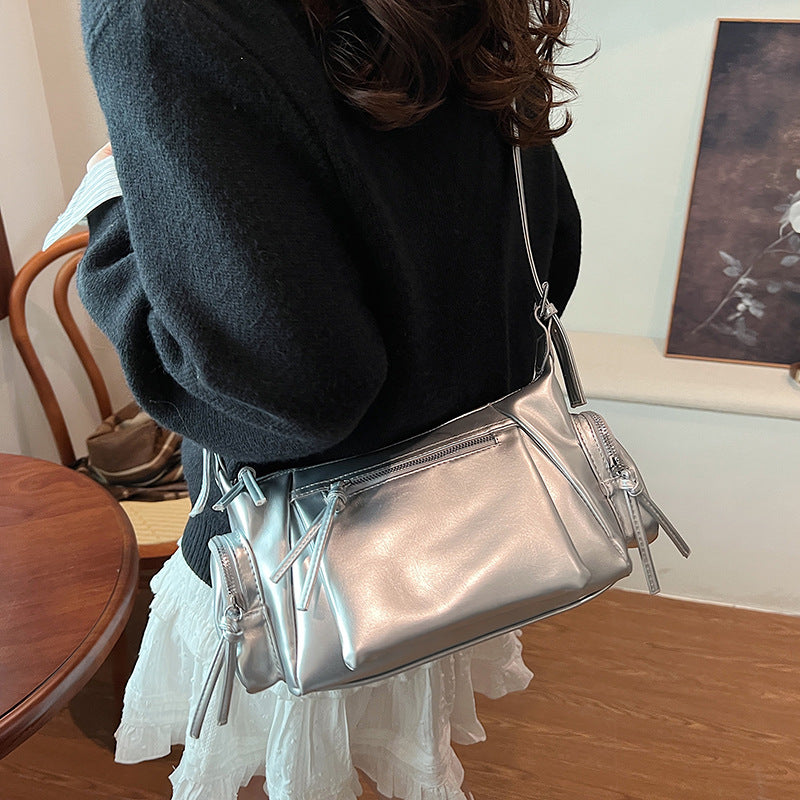 Cross-border retro old armpit bag Spice girl shoulder messenger bag washed soft leather multi-zipper dual-purpose bag function