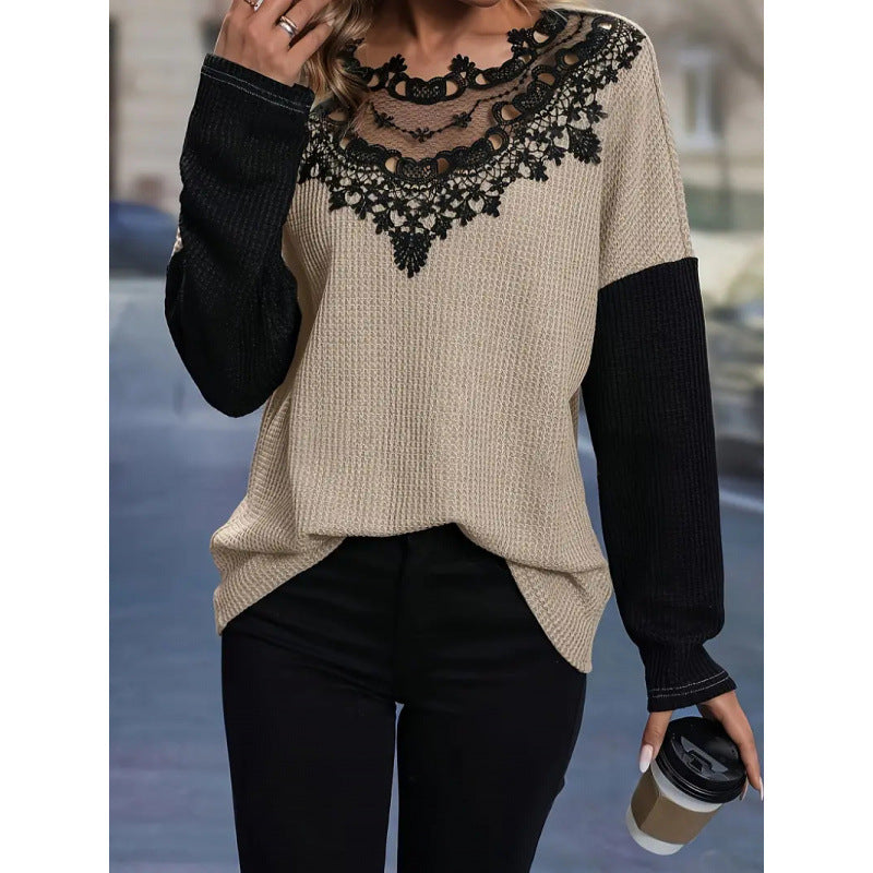 Shipped: european and american cross-border e-commerce lace patchwork hollow-out loose long-sleeve top -  independent website