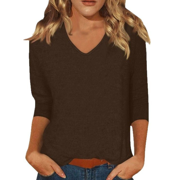 cross-border  women's everyday versatile casual v-neck solid color three-quarter sleeve t-shirt top