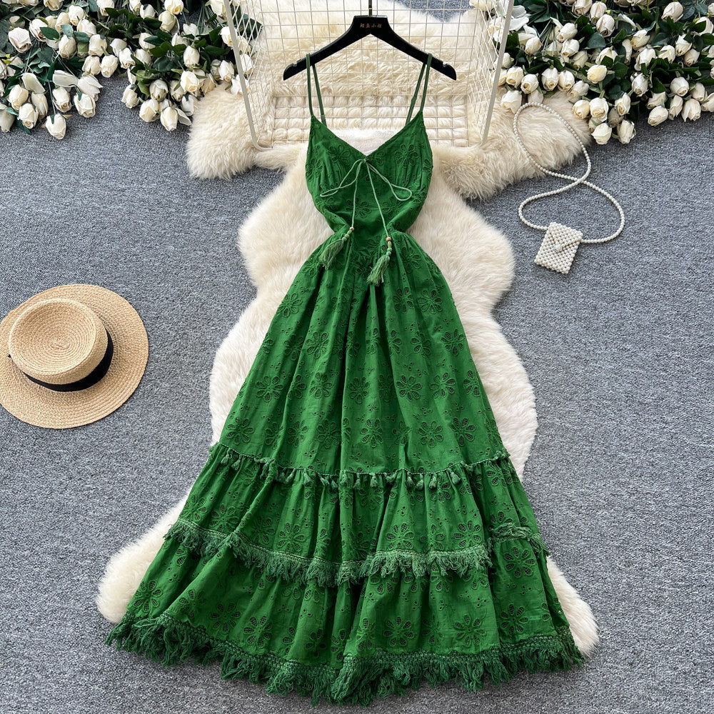 French riviera style green cami lace dress - women's summer cool v-neck ruched waist ruffle hem fairy maxi dress
