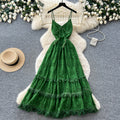French riviera style green cami lace dress - women's summer cool v-neck ruched waist ruffle hem fairy maxi dress