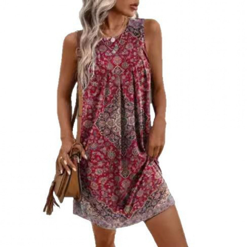 summer new arrival: cross-border european and american style round neck sleeveless printed ethnic fashion dress for women