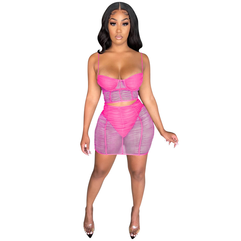 C5176 in-stock summer fashion sexy camisole solid color milk silk mesh see-through bodycon mini skirt two-piece set for women
