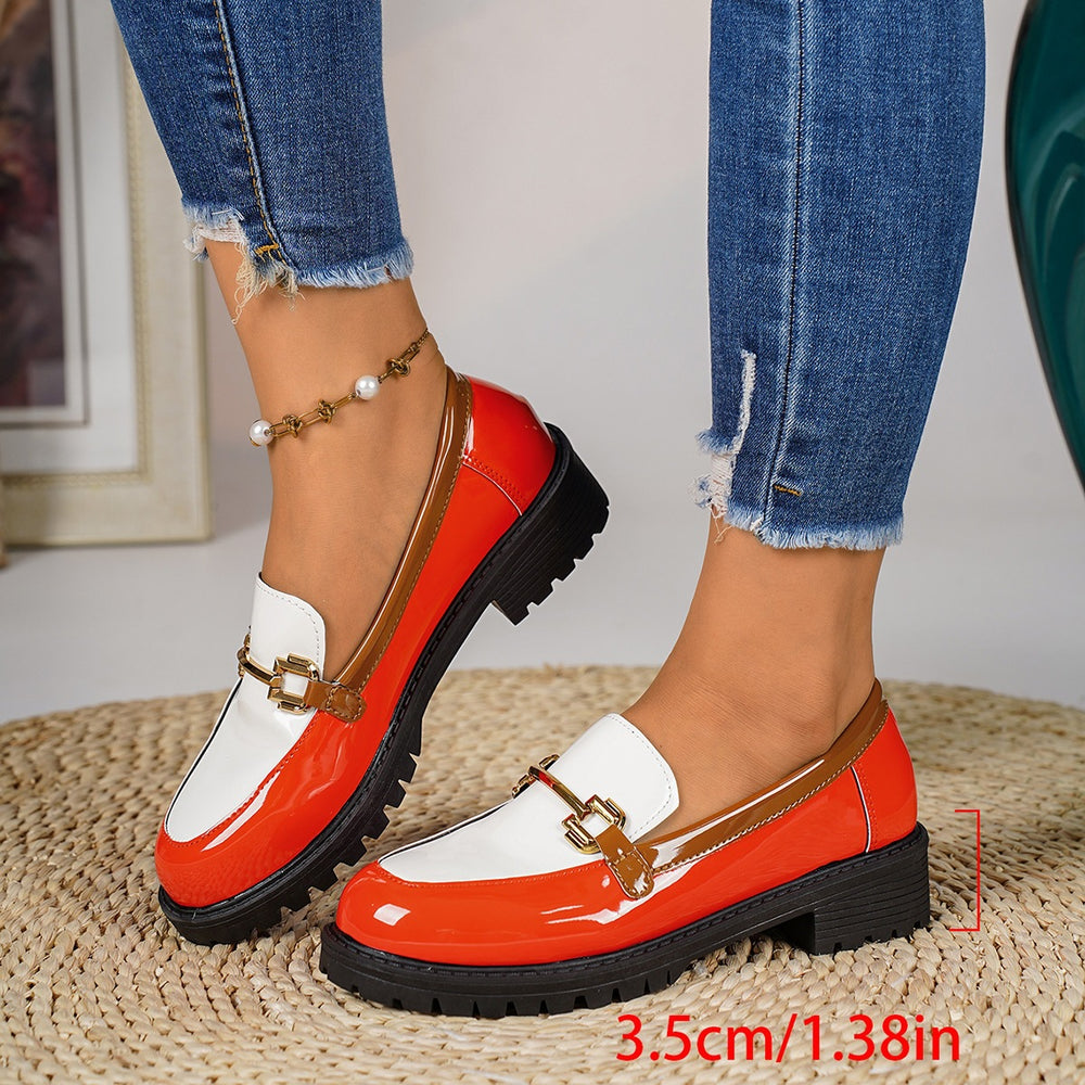 Wholesale plus size loafers: new color block design with metal buckle, british style slip-on chunky heel