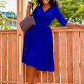 D430 women's foreign trade dress,  autumn new arrival, solid color pleated tie-up plus size v-neck elegant african style dress