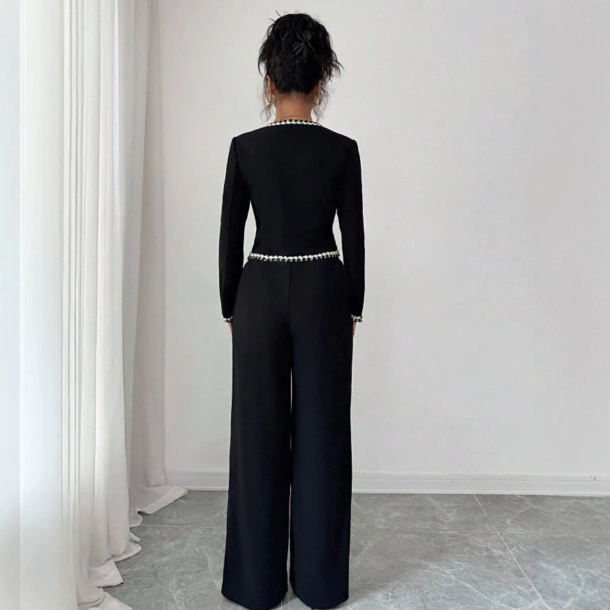 european and american new black chanel-style two-piece set: v-neck ribbon trimmed waist-cinching suit jumpsuit