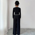 european and american new black chanel-style two-piece set: v-neck ribbon trimmed waist-cinching suit jumpsuit