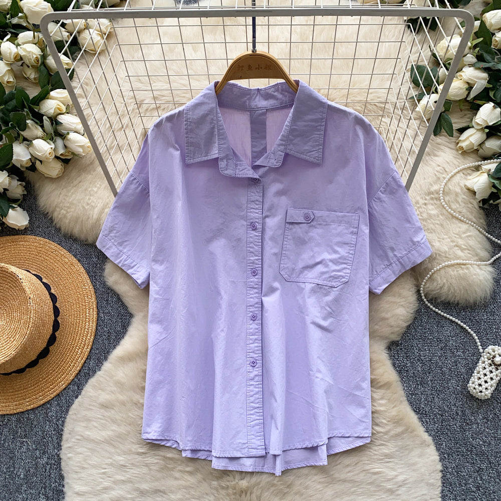 K-stylework clothing style yellow comfortable breathable short-sleeved shirt women's summer lapel looseeasiest for matchslimming looktops